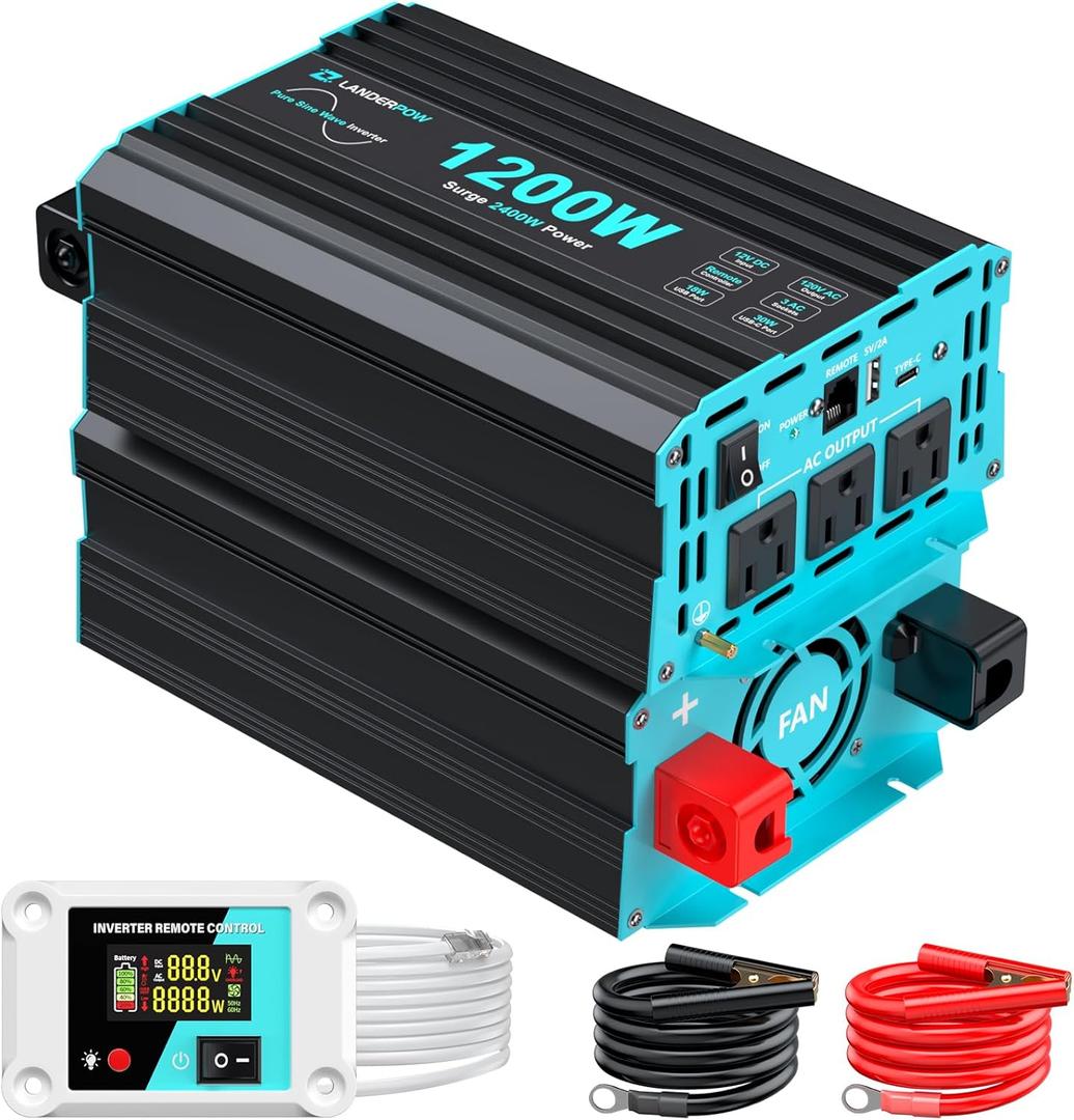 1200 Watt Pure Sine Wave Inverter, Power Inverter for Car, Camping, Solar, RV, Truck, Home, 12V DC to 120V AC Inverters with 3 AC Outlet, 30W USB-C, 5V 3.1A USB, Remote Control, Surge 2400W