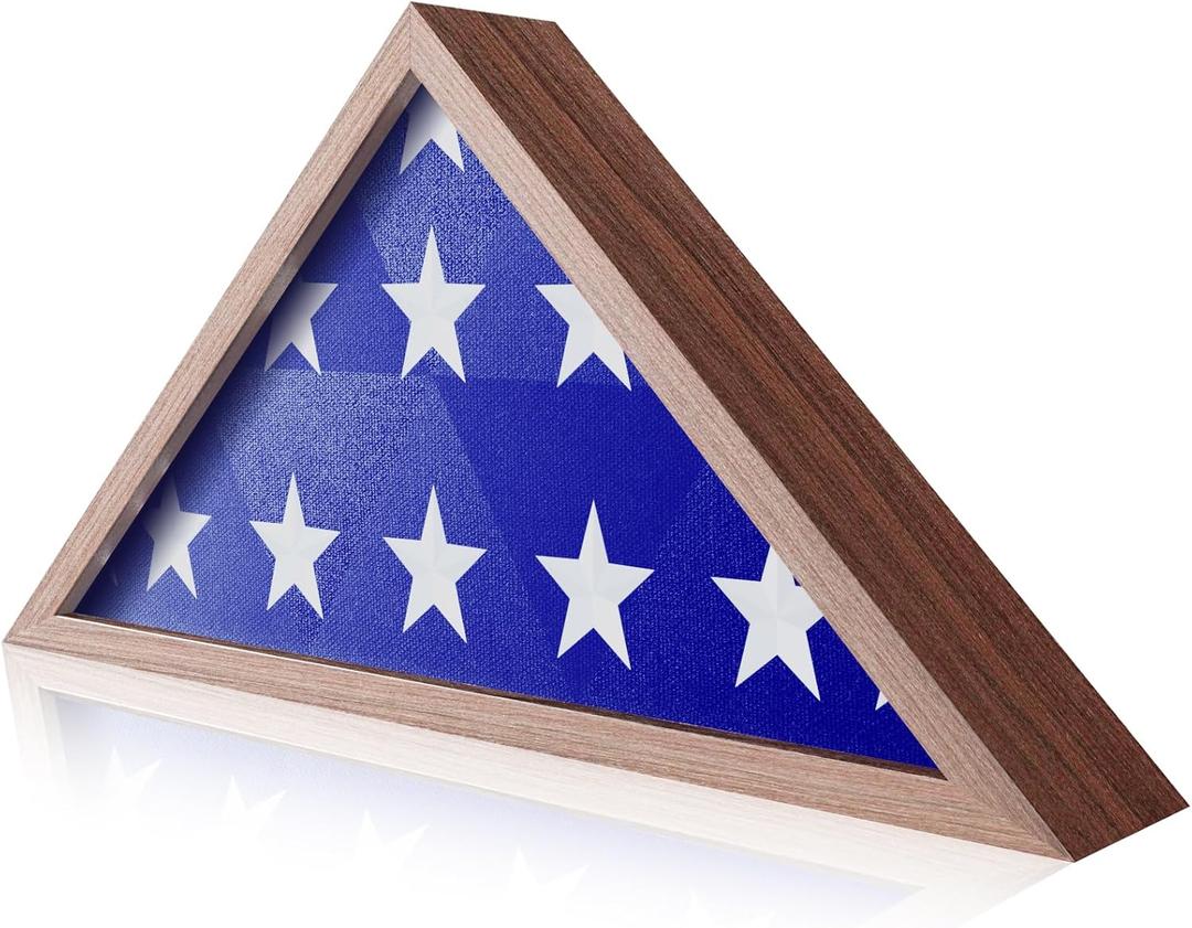 Flag Display Case - 5' x 9.5' Funeral & Military Flag Shadow Box with HD Tempered Glass and Wall Mount, Folded Triangle Flag Holder Frame for Veterans, Rustic Brown