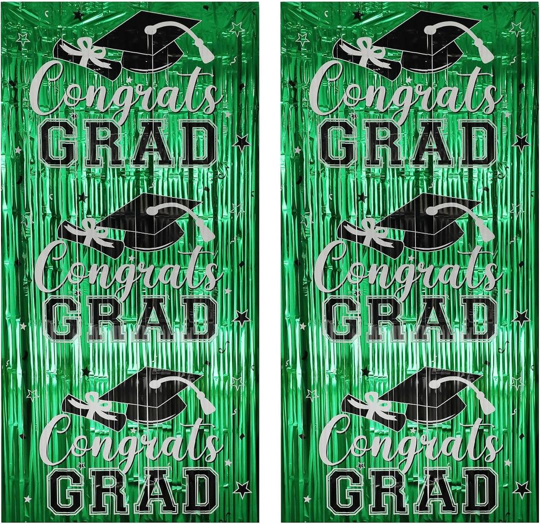 3 x Gradution Party Suppiles Backdrop Decoration 2026, Claas of 2026 Streamer Tinsel Foil Fringe Curtains, Photo Booth Prop Backdrop, Green Grad Photo Backgrounds