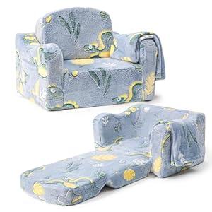 Airpanda Comfy Toddler Chair and Couch for Kids with Blanket, 2-in-1 Soft Plush Fold Out Toddler Couch for Girls and Boys, Convertible Sofa to Lounger for Playroom, Dinosaur