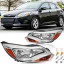 Headlights Assembly Pair with Bulbs for 2012 2013 2014 Ford Focus Halogen Headlamps Head Lights Replacement Left Driver and Right Passenger Side,Chrome Housing Amber Reflector
