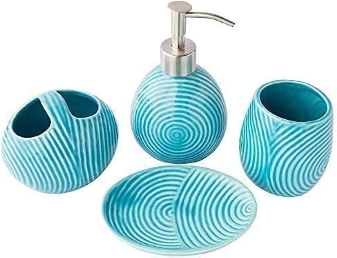 Comfify Designer 4 Piece Bathroom Accessory Set – Ceramic Bath Set w/Liquid Soap or Lotion Dispenser, Toothbrush Holder, Tumbler and Soap Dish – Decorative Set w/Embossed Details – Blue