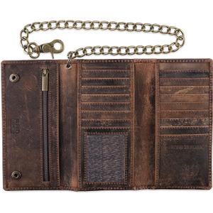 F&L CLASSIC RFID Blocking Mens Tri-fold Long Style Cowhide Leather Steel Chain Wallet, Buffalo Vintage Leather