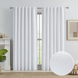KEQIAOSUOCAI White Total Shade Blackout Curtains/Draperies 96 Inch Long, Full Shading Curtain for Windows, Flax Linen Textured Thermal Insulated Drapes, Back Tab Rod Pocket, W50 x L96, 1 Pair (50"W x 96"L (Pack of 2), Pure White)