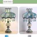Victorian Style Blue Table Lamp, Flower Decorative Bedside Desk Lamp with Bead Curtain, Resin Base, Elegant Night Light for Bedroom Nightstand