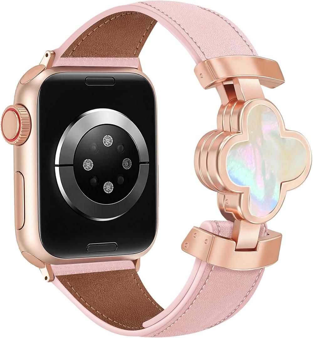 MOINSPIRE Designer Slim Leather Bands for Women,Lucky Four-Leaf Clover Cute Dressy Magnetic Watch Bands for iwatch Compatible with Apple Watch Series 11/10/9/8/7/6/5/4/3/2/1 SE 1/2/3 Ultra 1/2/3, 49/46(S11/10)/45/44/42mm(Series 1/2/3) Rose Gold