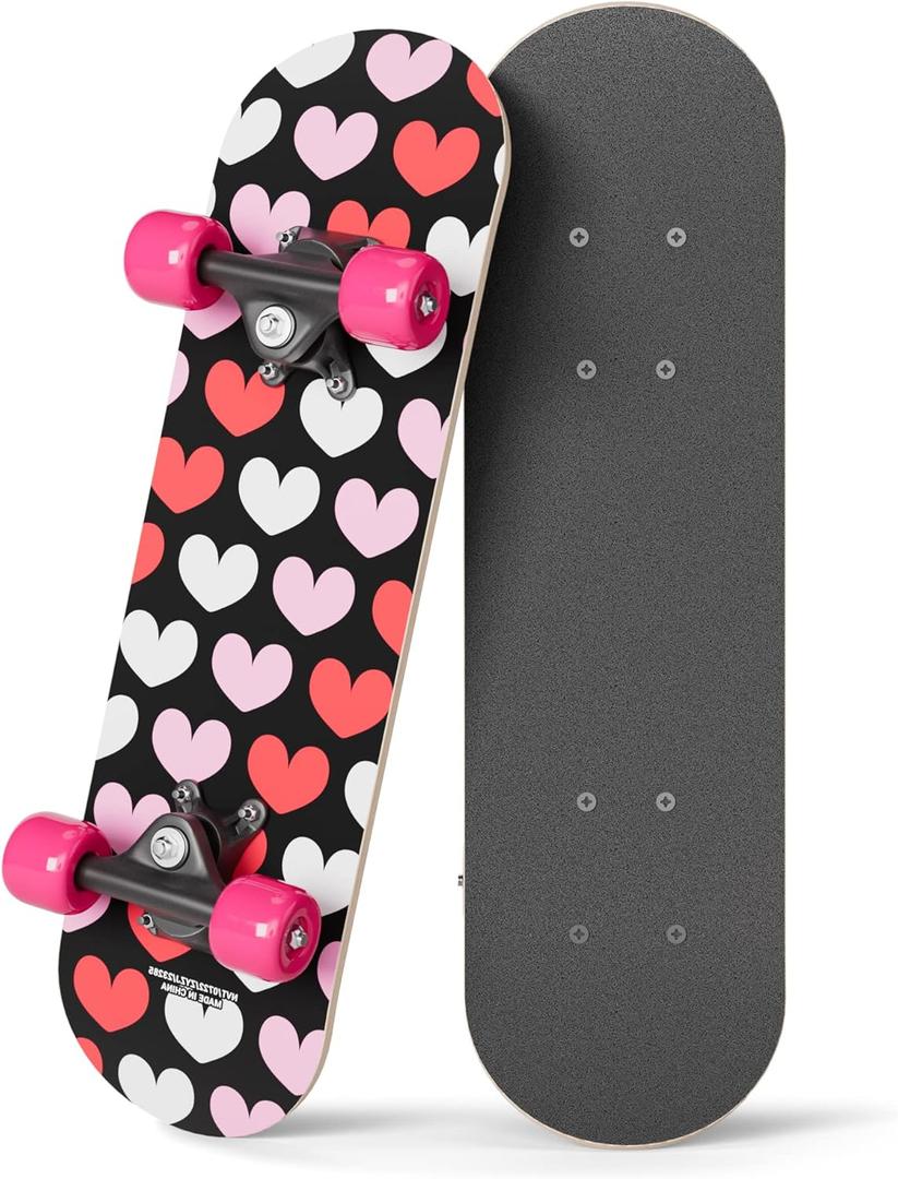 Rude Boyz 17" Micro Complete Skateboard | Maple Wood | ABEC 7 Bearings | Double Kick Concave Deck | Kids Skateboard, Ideal Toddler Cruiser Ages 2-5 (Hearts)