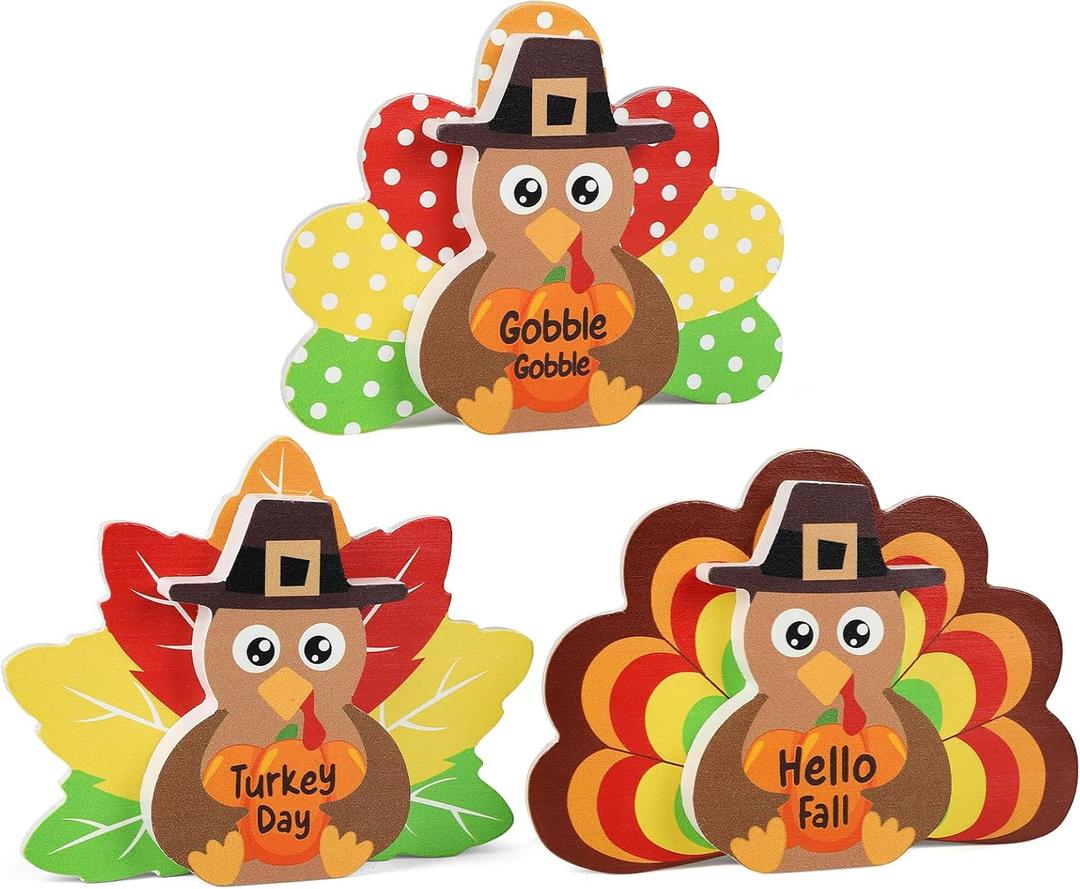 3Pcs Thanksgiving Decorations for Home Turkey Wooden Block Sign Harvest Day Fall Decor Indoor Fall Tiered Tray Decor Turkey Ornament for Autumn Table Centerpiece (Large)