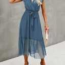 BTFBM Women Summer Bohemian Floral Casual Wrap V Neck Ruffle Cap Sleeveless Belt A-Line Pleated Hem Midi Sun Dress White (Blue, M)