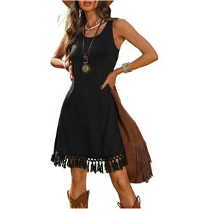 Verdusa Women's Western Fringe Tank Dresses Cowgirl Sleeveless Short Summer Dress (Black, Small)
