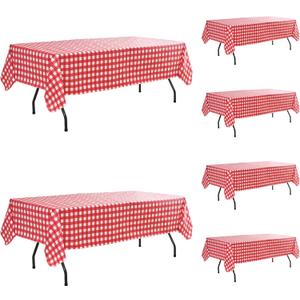 Vinyl Table Cloth with Flannel Backing-6 Pack Red & White 60x84 Inch Waterproof Checkered Plaid Plastic Rectangle Tablecloth-Wipeable Oilcloth Dining Table Cover for Picnic Party Camping