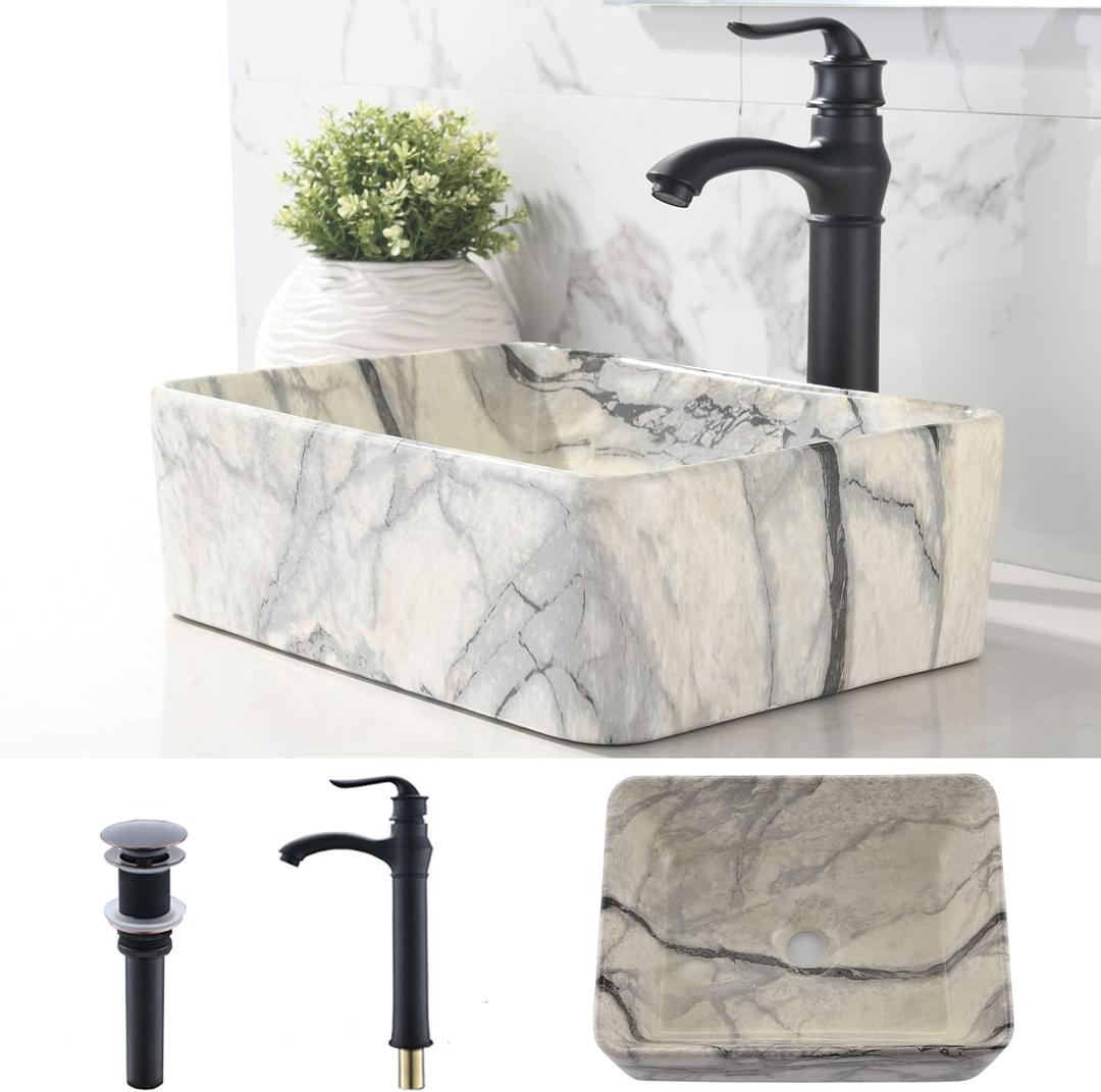 16 Inch Bathroom Vessel Sink and Faucet Combo -VOKIM 16"x12" Black White Marble Coated Porcelain Ceramic Vessel Vanity Sink Art Basin& black Faucet Combo