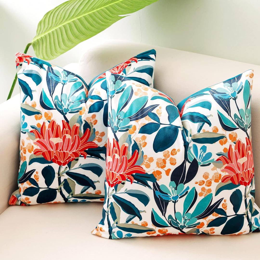 VROOMIUM Throw Pillow Covers 18X18, Teal Pillow Covers Room Decor, Velvet Soft Set of 2, Floral and Solid Accent Pillow Cushion Case for Couch Bed Sofa