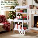 Flower Cart Display Stand with Wheels, 3-Tier Wooden Candy Cart for Party, White Dessert Cart with Canopy Roof for Weddings, Bridal Shower, Baby Shower, Market & Event Decor