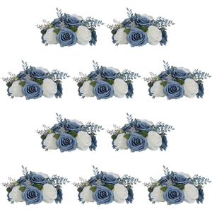 NUPTIO Flower Ball Centerpieces for Tables: 10 Pcs Dusty Blue & White Artificial Rose Fake Floral Arrangement for Wedding Party Centerpiece Decorations 9.4 Inch Diameter