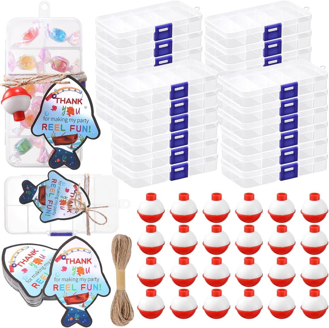 24 Sets Fishing Party Favors Candy Mini Tackle Boxes with 48 Red White Floater &Thank You Cards for Fishing Theme Party Supplies and Decorations