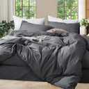MooMee Bedding Duvet Cover Set 100% Washed Cotton Linen Like Textured Breathable Durable Soft Comfy (Heathered Dark Grey, King 104"x90")