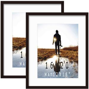 16x20inch Picture Frame Solid Wood (2 Pack) Display Pictures 12x16 with Mat or 16x20 Wall Mounting Photo Frame Black(2 pcs)