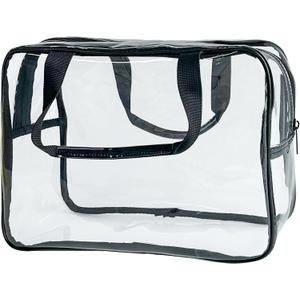 PVC Clear Pure Color Transparent Large Zipper Cosmetic Pouch Travel Makeup Cosmetic Bag with Handle for Travel Bathroom Toiletry Organizer (Clear+Black Handle)