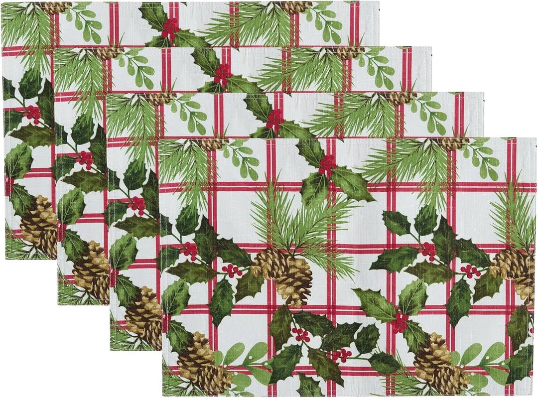 Elrene Home Fashions Pinecone Plaid Red/Green Holiday/Christmas Fabric Dining Table Placemats, Set of 4, 13"x19"