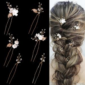 Handmade Pearl Bridal Wedding Hair Pins 6Pcs White Flower Gold Leaf Pearls Clips Bridal Hair Accessories for Women Brides Bridesmaid