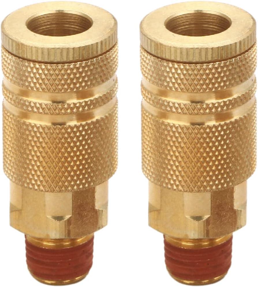 1/4 Inch Brass Male Industrial Coupler, 2 Pack Air Hose Fittings NPT Male Quick Connector Air Coupler with sealant for Professional Jobsites and Automotive Shops