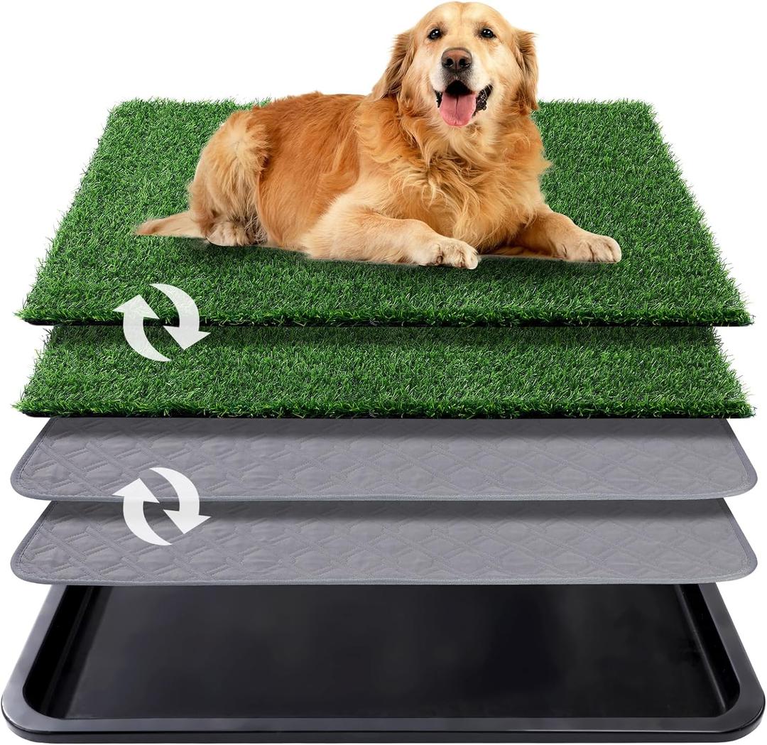 Dog Grass Pad with Tray, 35x23in Dogs Potty Tray with 2-Pack Replacement Artificial Grass and 2 Washable Reusable Pee Pads ,Dog Litter Box for Pet Training,Indoor Portable Pottys Pet Toilet