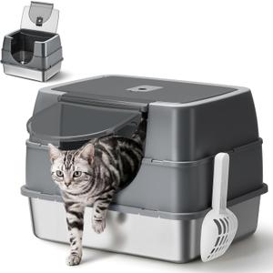 Stainless Steel Litter Box with Lid,Side Entry Litter Box,Covered Enclosed Cat Litter Box,Metal Litter Boxs,Odorless Non-Stick with High Sided Enclosure&Scoop for Kitty to Medium Cats(Grey)