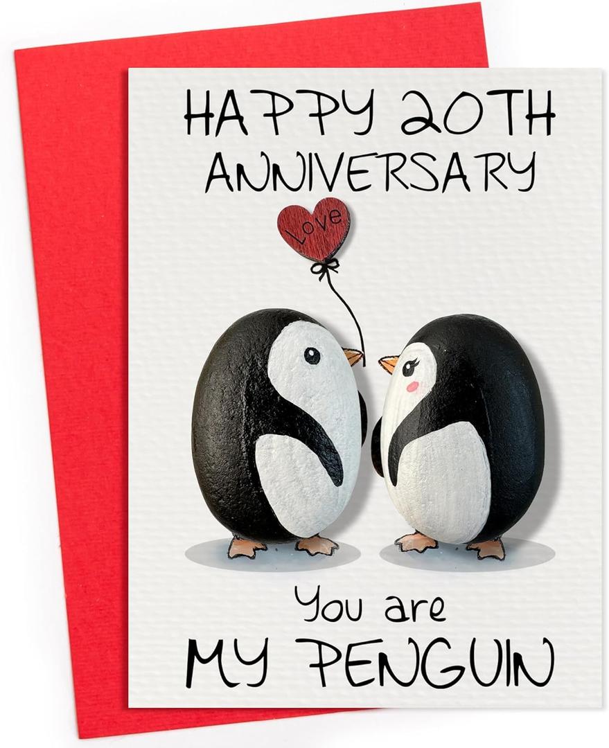 Handmade 20th Wedding Anniversary Card for Couple, Handcrafted 20 th Anniversary Card Gift for Wife or Husband, Happy 20th Cards for Women and Men, Cute Hand-painted Penguin Card