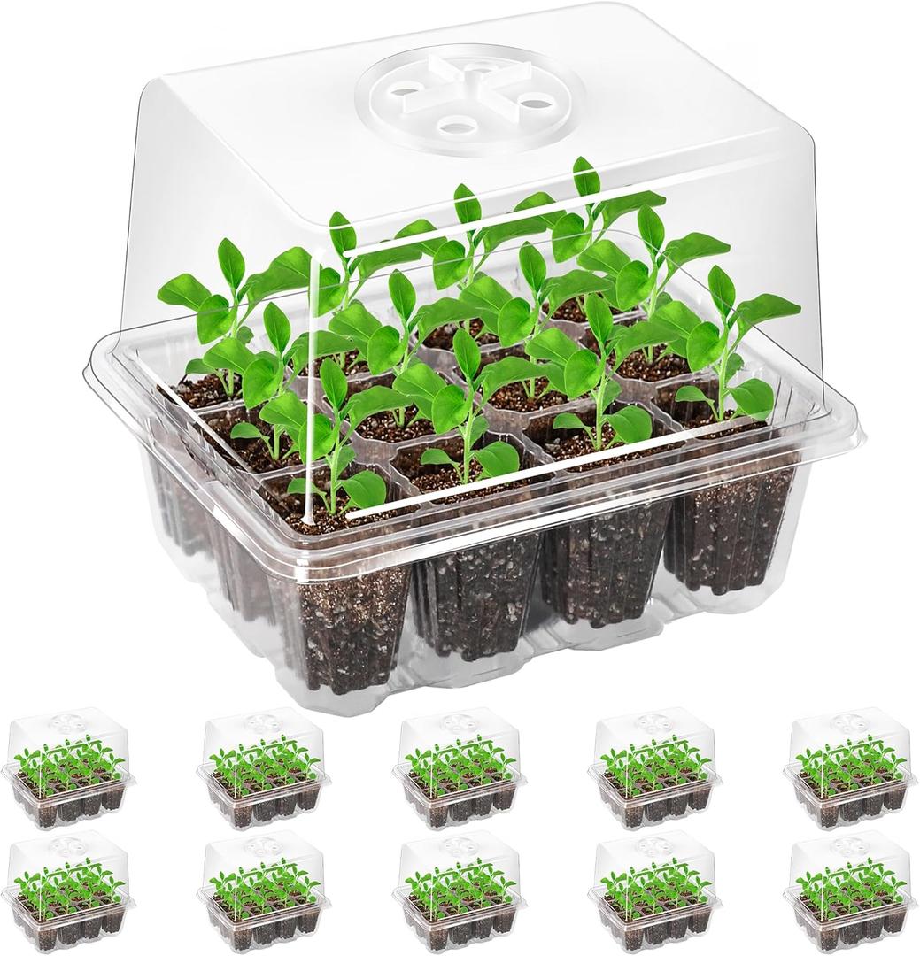 Bonviee 5-Pack Seed Starter Trays, Seed Starter Kit with Adjustable Humidity Dome and Base Indoor Greenhouse Mini Propagator for Seeds Growing Starting (12 Cells Per Tray)