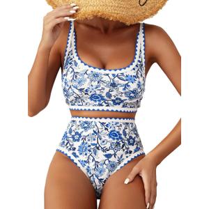 Herseas Women's Bikini Sets Floral Print Whip Stitch 2 Piece Swimsuits High Waisted Scoop Bathing Suits (Large, Blue)