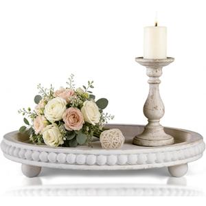 Decorative Coffee Table Tray, 12 Inch White Washed Wooden Beaded Tray with Removable Legs, Rustic Farmhouse Centerpiece Tray for Living Room, Kitchen Counter Decor