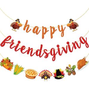 FOZEE Happy Friendsgiving Banner, Thanksgiving Friends Party Banner, Friendsgiving Turkey Decorations for Thanksgiving Party, Fall Harvest Party, Orange and Brown Glitter