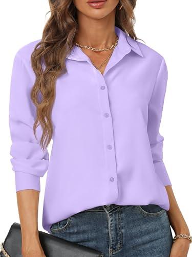 Lilac Tops for Women Womens Button up Shirt Long-Sleeve Basics Classic Classy Job Shirts Loose fit Business Casual Women's Formal Office Blouse Collared Fashion Blouses Lavender Light Purple Size XXL, Purple