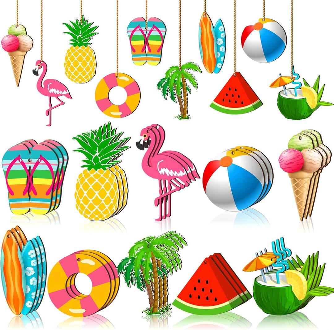 Chunful 30 Pieces Summer Tree Ornaments Christmas in July Wood Hanging Decoration Beach Wooden Slices Winter Tree Ornaments with String for Luau Hawaiian Party Supplies (Cute Style)