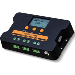 ECO-WORTHY Solar Charge Controller 30A Solar Panel Custom Battery Regulator, Dual USB Port Auto 12V/24V PWM for FLD/LiFePO4/SLD/GEL RV Solar System