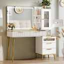 Vanity Desk with 29.53" HD Lighted Mirror, 47.24" Big Modern Vanity Desk with Mirror and Lights, Makeup Vanity with 5 Drawers and Storage Shelves and Charging Station, White1