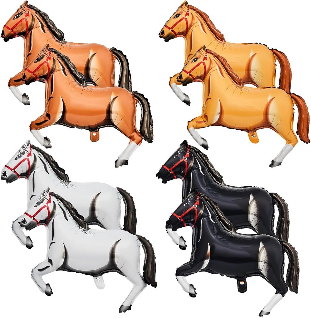 8 Pieces 30 Inches Inflatable Horse Balloons Aluminum Foil Blow up Horse Party Decoration Western Themed Balloons for Cowboy Birthday Baby Shower Race Day, Brown Yellow Black White