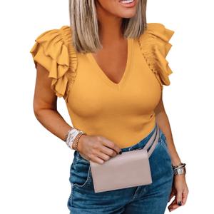 Womens Ruffle Tank Tops Summer Dressy Casual V Neck Slim Fit Ribbed Knit Sleeveless Shirts Yellow (Yellow)