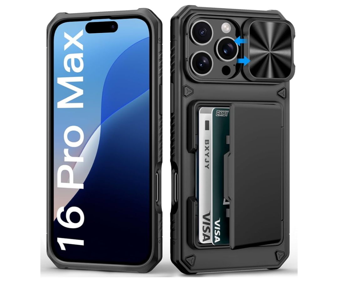 for iPhone 16 Pro Max Case Wallet, Built-in Card Holder (4-5 Cards), Slide Lens Cover, Military Drop Protection, Rugged Heavy Duty Men Women Protective Phone Case for iPhone 16 Pro Max, Black