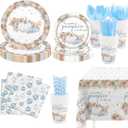 MEHOFOND Fall Pumpkin Baby Shower Decorations Boho Floral Little Pumpkin Party Supplies Blue Disposable Tableware Set 193 Pcs Plates Napkins Plastic Tablecloth for Boy Baby Shower Party