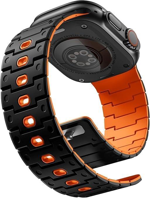 Bandletic Watchband Compatible with Apple Watch Ultra Band/Apple Watch Ultra 2 Band - Durable Silicone Magnetic Bands for iWatch Series 11 10 46mm, 9/8/7 45mm, SE3/6/5/4 44mm, 3/2/1 42mm, Black/Orange