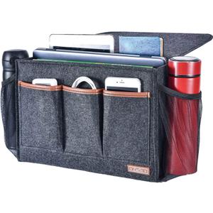 Bedside Caddy, Large Size Storage Organizer with 8 Pockets - Holds Magazines, Remotes, Phone (13.4'' x 18.1'', Dark Grey)