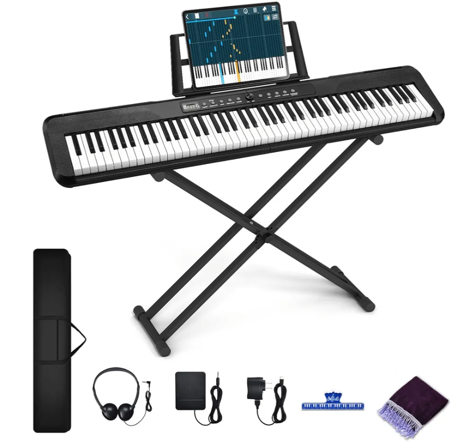 88 Key Digital Piano, Electronic Keyboard Piano with Music Stand, Power Supply, Sustain Pedal, Stand, Bluetooth, MIDI, for Beginner Professional at Home, Stage
