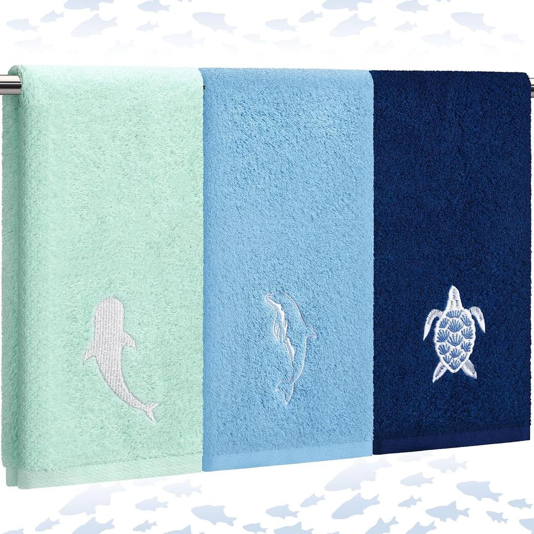 3 Pcs Beach Hand Towels for Bathroom Summer Ocean Coastal Kitchen Towels 29.5 x 13.8'' Nautical Cotton Embroidered Decorative Soft Absorbent Bath Towel Gift Kitchen Decor
