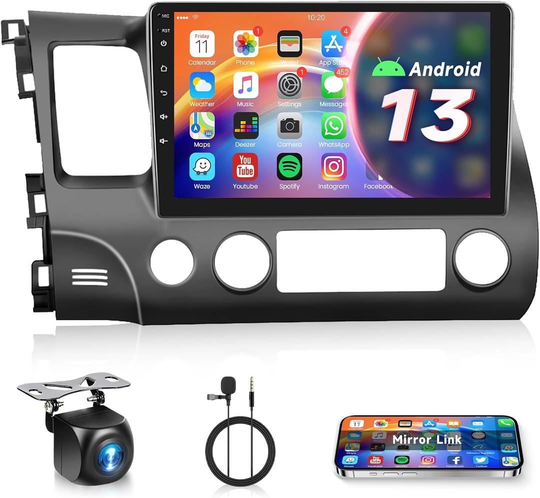 Car Radio for Honda Civic 2006-2011, Rimoody Car Stereo Android 13 GPS Navigation WiFi Mirror Link 10.1 Inch Touch Screen Bluetooth FM/RDS EQ SWC Rear View Camera Microphone