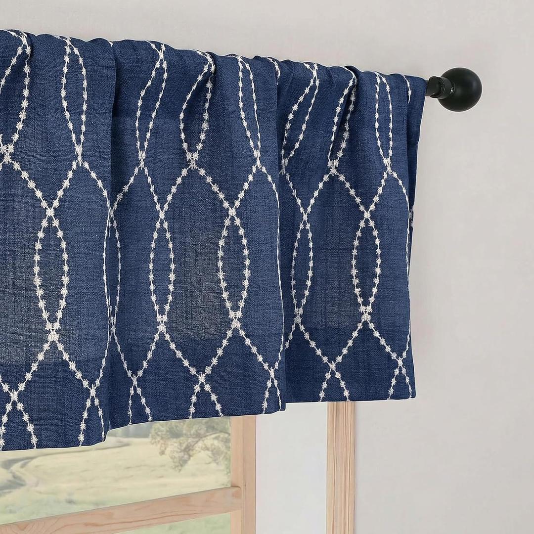 Chyhomenyc Kitchen Valances for Windows - Light Filtering Faux Linen Textured 3D Wave Line Rod Pocket Short Window Treatment Valance for Living Room Bathroom, 52Wx18L, 1 Piece, Navy Blue