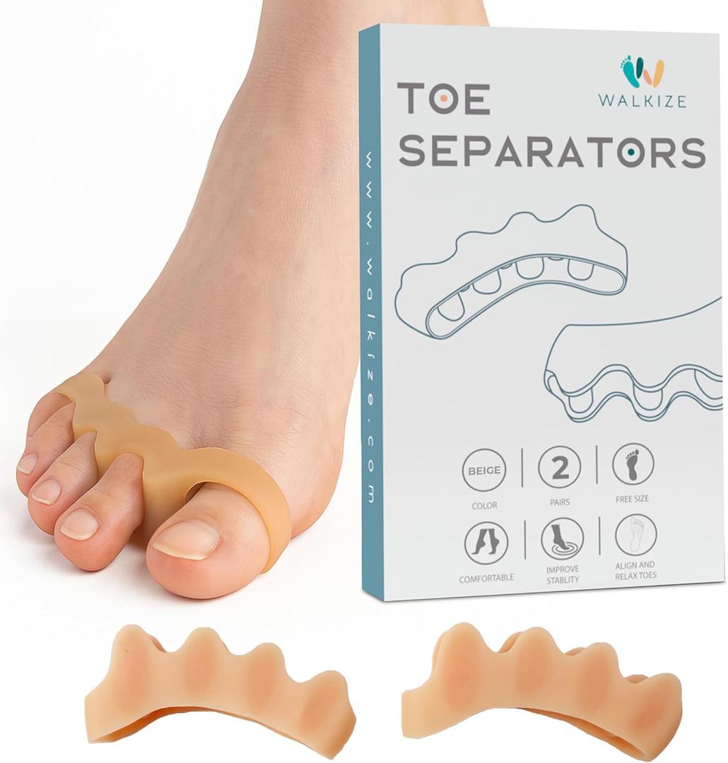Walkize Toe Separators for Women & Men - Silicone Toe Spacers for Bunion Relief, Foot Pain Relief, Pedicure & Overlapping Toes (Beige)