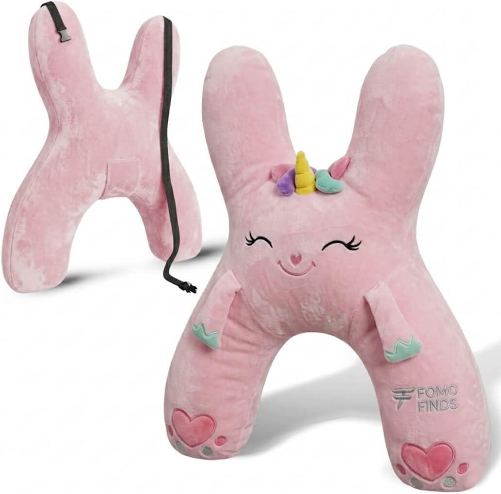 Kids Car Sleeping Pillow, H-Shaped for Neck & Back Support, Pink Unicorn | Hands & Seat Belt Slot, Machine Washable & Compressible, Perfect for Car, Plane, Train, Boat & More