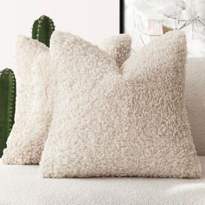 Foindtower 2 Pieces 22x22 Inch Neutral Cream, Faux Fur Throw Pillow Cover Accent Sherpa Pillow Fuzzy Soft Pillowcases Sheepskin Decorative Fleece Cushion Case for Bed Couch Living Room